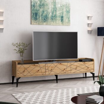 TV stolík DORO – Moderný a praktický doplnok do vašej obývačkyTV stolík DORO prináša elegantnú kombináciu duba Artisan a antracitu, ktorá dodá vašej obývačke moderný a štýlový vzhľad. Vďaka trom plným dvierkam poskytuje dostatok úložného priestoru pre multimediálne zariadenia, káble a ďalšie nevyhnutnosti.Hlavné vlastnosti produktu:Typ tovaru: TV stolíkVhodné do miestnosti: Obývacia izbaMateriál: Melamín, VT laminátRozmery: 49 x 180 x 35 cmFarba: Dub Artisan + antracitVybavenie: Dvierka plnéPočet dverí: 3Hrúbka materiálu: 18 mmDodatočné informácie: Dodávame v demonteTV stolík DORO je vyrobený z odolných materiálov, ktoré zaručujú dlhú životnosť a jednoduchú údržbu. Jeho minimalistický dizajn a praktické usporiadanie sa hodí do každého moderného interiéru. Zaobstarajte si TV stolík DORO a vytvorte si štýlovú a funkčnú obývaciu izbu!