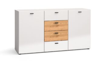 DOVIER je moderná a štýlová komoda v elegantnom prevedení a zaujímavej farebnej kombinácií. Jej jemné a čisté línie potešia nejedného zákazníka a vytvoria z vašej domácnosti útulný domov. Je vyrobená z kvalitných LTD dosiek o hrúbke 16 mm, ktoré sú nenáročné na udržbu. Farebné prevedenie: biely lesk / dub ArtisanCelkové rozmery:Šírka 150 cmVýška 81 cmHĺbka 40 cmJe možné dokúpiť obývaciu stenu aj konferenčný stolík. Dodávame v demontovanom stave.