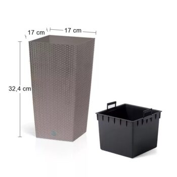 DRTS170 17 cm je vysoký, hranatý plastový kvetináč, ktorý sa vyznačuje svojou neprehliadnuteľnou textúrou imitujúcou prírodný ratanový výplet. Bude elegantným, estetickým a funkčným doplnkom Vašej záhrady, terasy, balkónov či interiéru. Rozmery tohto jedinečného doplnku sú (ŠxHxV): 17x17x32,4 cm…