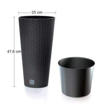 DRTUS250 25 cm je vysoký, štíhly plastový kvetináč, ktorý sa vyznačuje svojou neprehliadnuteľnou textúrou imitujúcou prírodný ratanový výplet. Bude elegantným, estetickým a funkčným doplnkom Vašej záhrady, terasy, balkónov či interiéru. Rozmery tohto jedinečného doplnku sú (ŠxHxV): 25x25x47,6 cm…