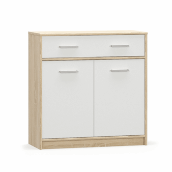 Komoda TEYO 2D1S nádherne oživí a zariadi izby Vašich ratolestí. Rozmery komody sú (ŠxHxV): 83x34x85 cm. Je vyrobená z kvalitnej laminovanej DTD (drevotriesková doska). Jemná farebná kombinácia dubu sonoma s bielou dodáva nábytku nadčasovosť. Komoda poskytuje dostatok úložného priestoru rozloženého…
