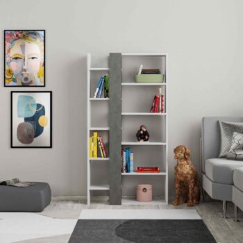 ZAPHIRA - Moderný Dizajnový Regál Predstavujeme ZAPHIRA - regál, ktorý spája dokonalý dizajn s funkcionalitou. Tento nábytok je ideálnou voľbou pre všetkých, ktorí hľadajú štýlové a praktické riešenie pre svoju obývačku. Kľúčové vlastnosti:  Typ tovar: Knižnica, regál Materiál: Melamín, VT laminát Rozmery: 150.5 x 80 x 29 cm Farba: Biela a retro sivá Počet políc: 4 Hrúbka materiálu: 18mm  Regál ZAPHIRA v sebe spája moderný dizajn s klasickými prvkami. Biela kombinovaná s retro šedou dodáva nábytku jedinečný a čistý vzhľad. Štyri priestranné police ponúkajú dostatok miesta na uskladnenie vašich obľúbených kníh, dekorácií a ďalších predmetov, ktoré chcete mať na očiach. Nechajte sa uniesť kúzlom ZAPHIRA a vdýchnite svojej obývačke atmosféru modernej elegancie !