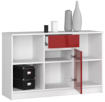 Komoda B52-120 - Moderná elegancia s dotykom odvahy Predstavujeme B52-120, dizajnovú komodu, ktorá prekvapí nielen svojim moderným vzhľadom, ale aj odvážnym červeným leskom. S rozmermi 77 x 120 x 40 cm sa jedná o skvelý doplnok pre každú spálňu alebo obývaciu izbu, ktorá hľadá spojenie elegancie a výraznosti.  Typ: Komoda, skrinka< /li> Materiál: LTD Farba: Biela doplnená červeným leskom Vybavenie: 1 zásuvka Dekor: Lesk Počet dverí: 1 dverové  Počet políc: 6  B52-120 nie je len obyčajná komoda. Jej moderný dizajn spoločne s červeným lesklým dekorom dodáva priestoru nezameniteľný charakter. Jedna široká zásuvka a šesť praktických políc ponúkajú dostatok úložného priestoru a zároveň umožňujú jednoduchú organizáciu vašich vecí.