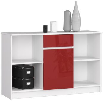Komoda B52-120 - Moderná elegancia s dotykom odvahy Predstavujeme B52-120, dizajnovú komodu, ktorá prekvapí nielen svojim moderným vzhľadom, ale aj odvážnym červeným leskom. S rozmermi 77 x 120 x 40 cm sa jedná o skvelý doplnok pre každú spálňu alebo obývaciu izbu, ktorá hľadá spojenie elegancie a výraznosti.  Typ: Komoda, skrinka< /li> Materiál: LTD Farba: Biela doplnená červeným leskom Vybavenie: 1 zásuvka Dekor: Lesk Počet dverí: 1 dverové  Počet políc: 6  B52-120 nie je len obyčajná komoda. Jej moderný dizajn spoločne s červeným lesklým dekorom dodáva priestoru nezameniteľný charakter. Jedna široká zásuvka a šesť praktických políc ponúkajú dostatok úložného priestoru a zároveň umožňujú jednoduchú organizáciu vašich vecí.