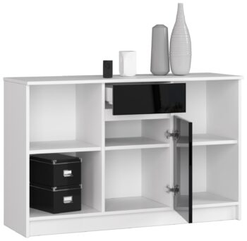Komoda B52-120 - Kombinácia elegancie a moderného dizajnu Zoznámte sa s B52-120 - komodou, ktorá kombinuje klasickú bielu s odvážnym čiernym leskom. S rozmermi 77 x 120 x 40 cm je táto komoda ideálnym doplnkom pre moderné spálne či obývacie izby, kde hrá hlavnú rolu štýl a dizajn.  Typ: Komoda, skrinka  Materiál: LTD Farba: Biela s čiernym leskom Vybavenie:< /strong> 1 zásuvka Dekor: Lesk Počet dverí: 1 dverové Počet políc: 6  Moderný dizajn komody B52-120 je doplnený praktickosťou. Ponúka jednu priestrannú zásuvku a šesť užitočných políc pre jednoduchú organizáciu vašich vecí. Čierny lesklý dekor dodáva komode luxusný vzhľad, vďaka čomu sa stane výrazným prvkom vášho interiéru.