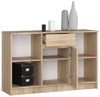 Komoda B52-120: Moderná elegancia v odtieni dub Sonoma Zoznámte sa s B52-120, luxusnou komodou, ktorá kombinuje moderný dizajn s praktickosťou. Ideálna pre každú spálňu alebo obývacia izba, ktorá potrebuje štipku elegancie a funkčnosti.  Typ tovaru: Komoda , skrinka Materiál: Kvalitné LTD Rozmer: 77 x 120 x 40 cm < strong>Farba: Teplý odtieň dub Sonoma Vybavenie: 1 zásuvka pre pohodlné skladovanie Štýl: Moderné a dizajnové prevedenie Počet dverí: 1 dverové - ľahký a rýchly prístup k vašim obľúbeným veciam Počet políc: 6, pre premyslenú organizáciu a úschovu  Posaďte svoj domov do nového svetla s komodou B52-120 a zaraďte kúsok nábytku, ktorý skvele vyzerá a zároveň skvele slúži. >