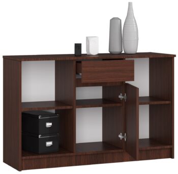 Komoda B52-120: Elegancia a funkčnosť vo farbe wenge Zaujímate sa o nábytok, ktorý je nielen štýlový, ale aj praktický? Predstavujeme B52-120 – modernú komodu, ktorá sa stane skvelým doplnkom do vašej spálne či obývacej izby.  Typ tovaru: Komoda, skrinka Materiál: Odolný LTD Rozmer: 77 x 120 x 40 cm Farba: Hlboký odtieň wenge Vybavenie: 1 praktická zásuvka < strong>Štýl: Moderné a dizajnové prevedenie Počet dverí: 1 dverové, poskytujúce ľahký prístup k vašim veciam Počet políc : 6 - perfektný pre organizáciu a usporiadanie vašich predmetov  Nechajte sa očariť kombináciou dizajnu a praktickosti s komodou B52-120. Zariaďte svoj domov s kusom nábytku, ktorý sa stane nenahraditeľným.