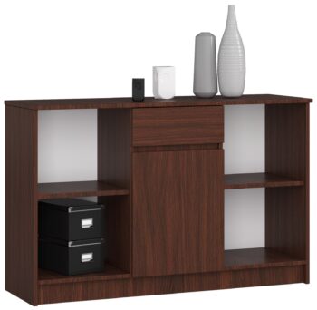 Komoda B52-120: Elegancia a funkčnosť vo farbe wenge Zaujímate sa o nábytok, ktorý je nielen štýlový, ale aj praktický? Predstavujeme B52-120 – modernú komodu, ktorá sa stane skvelým doplnkom do vašej spálne či obývacej izby.  Typ tovaru: Komoda, skrinka Materiál: Odolný LTD Rozmer: 77 x 120 x 40 cm Farba: Hlboký odtieň wenge Vybavenie: 1 praktická zásuvka < strong>Štýl: Moderné a dizajnové prevedenie Počet dverí: 1 dverové, poskytujúce ľahký prístup k vašim veciam Počet políc : 6 - perfektný pre organizáciu a usporiadanie vašich predmetov  Nechajte sa očariť kombináciou dizajnu a praktickosti s komodou B52-120. Zariaďte svoj domov s kusom nábytku, ktorý sa stane nenahraditeľným.