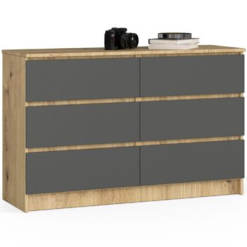 BÁRA120: Moderná Elegancia v Kombinácii Dubu Artisan a Grafitu Predstavujeme komodu BÁRA120, dokonalý dizajnový skvost pre tých, ktorí chcú oživiť svoj interiér. Táto komoda v sebe spája prírodnú krásu dubu Artisan s elegantným grafitom, čo vytvára jedinečný a súčasne nadčasový kus nábytku.  Typ tovaru: Komoda, skrinka < li>Vhodná do: spálňa a obývacia izba Materiál: LTD Rozmery: 77 x 120 x 40 cm Farba: dub Artisan + grafit Vybavenie: 6 zásuviek a viac < li>Štýl: moderné, dizajnové  Komoda BÁRA120 nielenže zaujme svojim dizajnom, ale tiež ponúkne obrovský úložný priestor vďaka svojim šiestim zásuvkám a ďalším úložným miestam. Moderný vzhľad komody z nej robí ideálny doplnok ako do obývačky, tak do spálne. Či už hľadáte praktický nábytok alebo štýlový dizajnový kúsok, BÁRA120 je tou správnou voľbou pre vás.