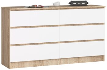 Komoda MELLOOW140: Úložná elegancia pre moderné interiéry Chcete pridať do svojej spálne alebo obývacej izby nábytok, ktorý kombinuje moderný dizajn s praktickosťou? MELLOOW140 je komoda, ktorá splní vaše očakávania v každom detaile.  Typ tovaru: Komoda, skrinka < strong>Materiál: Kvalitné LTD Rozmer: 77 x 138 x 40 cm - ideálna veľkosť pre váš priestor Farba:  Elegantný dub Sonoma kombinovaný s čisto bielou Vybavenie: 6 priestranných zásuviek a mnoho ďalšieho Štýl: Moderné , dizajnové riešenie  S MELLOOW140 získate nielen praktický úložný priestor, ale aj štýlový nábytok, ktorý dokonale zapadne do vášho moderného bývania.