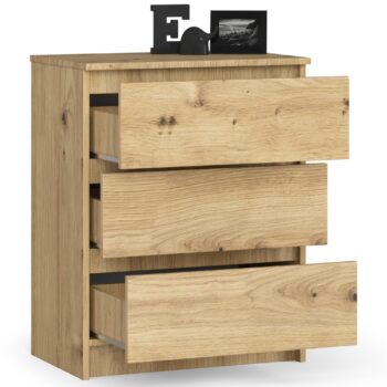 Komoda TATIANA60: Moderný dotyk duba Artisan pre váš interiér Predstavujeme TATIANA60 - komodu, ktorá spája funkčnosť s dizajnovou eleganciou. Tento kúsok nábytku je ideálny pre tých, ktorí hľadajú štýlové a praktické riešenie pre svoju obývaciu izbu alebo spálňu.  Vyrobené z kvalitného a odolného materiálu LTD Elegantná farba dub Artisan pridáva hĺbku a teplý tón do každej miestnosti Tri priestranné zásuvky na uskladnenie vašich osobných vecí Dimenzia 77 x 60 x 40 cm zaisťujú, že komoda ľahko zapadne do rôznych priestorov  Navrhnuté v modernom a dizajnovom štýle, komoda TATIANA60 sa stane nepostrádateľným doplnkom vášho bývania. Oceníte nielen jej estetiku, ale aj funkčnosť a kvalitu prevedenia.