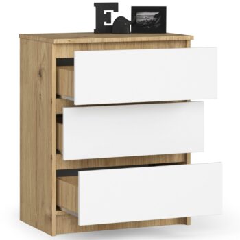 Komoda TATIANA60: Moderná elegancia v kombinácii dub artisan a bielej Hľadáte moderné úložné riešenie, ktoré dokonale zapadne do vašej obývacej izby alebo spálne? Nechajte sa zlákať kvalitou a dizajnom komody TATIANA60.  Vyrobené z odolného a vysoko kvalitného materiálu LTD Štýlová kombinácia farieb dub artisan a biela, ktorá prináša sviežosť a eleganciu Prakticky navrhnuté s 3 zásuvkami pre jednoduché uskladnenie vašich vecí Dimenzia : 77 x 60 x 40 cm - ideálne rozmery pre rôzne priestory  Táto komoda nielenže splní všetky vaše požiadavky na úložný priestor, ale aj obohatí vaše bývanie o moderný a dizajnový prvok. Nechajte svoj interiér žiariť s komodou TATIANA60.