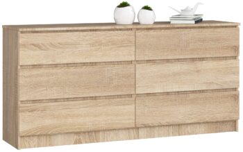 TOM160: Skvostný kúsok v dube Sonoma Predstavujeme TOM160 - modernú komodu s autentickým vzhľadom duba Sonoma. Tento elegantný a funkčný nábytok je dokonalým doplnkom pre vašu spálňu aj obývaciu izbu, a prináša tak dotyk prírody do vášho domova. Vyrobené z kvalitného materiálu LTD, táto široká komoda s rozmermi < strong>77 x 160 x 40 cm ponúka nielen atraktívny dizajn, ale aj praktickosť. S 6 zásuvkami a ďalšími úložnými priestormi je ideálny na uskladnenie všetkého, čo potrebujete mať po ruke.  Farba: dub Sonoma, čo prináša teplý a prírodný vzhľad. Štýl: moderný a dizajnový, ideálny pre súčasné interiéry. Vybavenie: 6 zásuviek a ďalšie úložné priestory. Vzhľad: široká konštrukcia, ktorá ponúka veľa miesta na uskladnenie.  Zamiľujte sa do dokonalej kombinácie estetiky a funkčnosti s TOM160 a urobte z vášho interiéru naozajstný skvost.