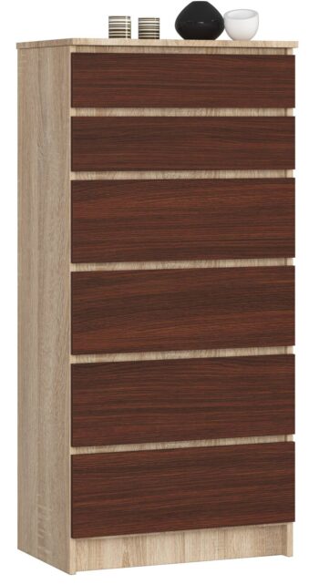 Komoda HEDDI60: Elegantné spojenie duba Sonoma s wenge Typ tovaru: Komoda, skrinka Štýlová komoda HEDDI60 v sebe kombinuje prirodzený vzhľad  duba Sonoma s elegantným a temným odtieňom wenge. Tento nábytok je ideálnou voľbou pre spálne a obývacie izby, kde chcete vytvoriť atmosféru modernosti a zároveň útulnosti.  Materiál:< /strong> Odolný LTD Rozmer: 130 x 60 x 40 cm Farba: Dub Sonoma v kombinácii s hlbokým wenge  Vybavenie: 6 praktických zásuviek a ďalšie úložné priestory Štýl: Moderné a dizajnové prevedenie  Vzhľad: Vysoký dizajn, ktorý dominuje interiéru  Komoda HEDDI60 je skvostom medzi nábytkom, ktorý kombinuje moderný dizajn s kvalitnými materiálmi a praktickosťou. Jej mnohostrannosť a výrazný vzhľad urobia z každej miestnosti skvost.