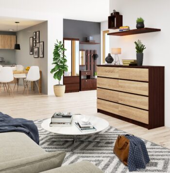 Komoda SAMUEL140: Elegancia wenge spojená s teplom duba Sonoma Chcete obohatiť svoj interiér o prvok, ktorý kombinuje tmavú mystiku wenge s prírodným charakterom duba Sonoma? Komoda SAMUEL140 presne spĺňa tieto požiadavky, a navyše ponúka kombináciu funkčnosti s dizajnovým prevedením.  Typ tovaru: Komoda, skrinka Materiál: Odolný a dlhoročný LTD Rozmer: 99 x 138 x 40 cm - priestranná, ale zároveň elegantne štíhla < li>Farba: Tmavé tóny wenge harmonicky doplnené svetlejším dubom Sonoma Vybavenie: 6 priestranných zásuviek a ďalšie úložné priestory < strong>Štýl: Moderné a dizajnové riešenie Vzhľad: Vysoký dizajn, ktorý opticky zväčší priestor  SAMUEL140  sa dokonale hodí do každej spálne či obývacej izby, kde sa stane nielen užitočným úložným miestom, ale aj štýlovým doplnkom interiéru. Dajte svojim veciam domov v dizajne, ktorý nikdy nevyjde z módy.