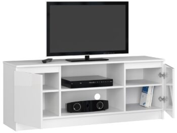 TV stolík ROMANA140: Biela elegancia s lesklým dokončením ROMANA140 predstavuje vrchol moderného dizajnu v kombinácii s funkčnosťou. Luxusný biely lesk dodáva tomuto TV stolíku výnimočný vzhľad, ktorý sa stane skvostným doplnkom každej obývacej izby.  Typ tovaru: TV stolík Materiál: LTD Rozmery: 55 x 140 x 40 cm Farba: biela + biely lesk  Vybavenie: dvierka plné (skrinka) Štýl: moderné, dizajnové  Dekor: lesk Počet políc: 2  ROMANA140 nielenže exceluje v dizajne, ale vďaka priestranným dvierkam a dvom políciam ponúka aj dostatok úložného priestoru pre vaše audiovizuálne zariadenie a doplnky.
