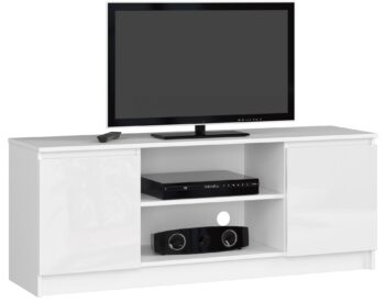 TV stolík ROMANA140: Biela elegancia s lesklým dokončením ROMANA140 predstavuje vrchol moderného dizajnu v kombinácii s funkčnosťou. Luxusný biely lesk dodáva tomuto TV stolíku výnimočný vzhľad, ktorý sa stane skvostným doplnkom každej obývacej izby.  Typ tovaru: TV stolík Materiál: LTD Rozmery: 55 x 140 x 40 cm Farba: biela + biely lesk  Vybavenie: dvierka plné (skrinka) Štýl: moderné, dizajnové  Dekor: lesk Počet políc: 2  ROMANA140 nielenže exceluje v dizajne, ale vďaka priestranným dvierkam a dvom políciam ponúka aj dostatok úložného priestoru pre vaše audiovizuálne zariadenie a doplnky.