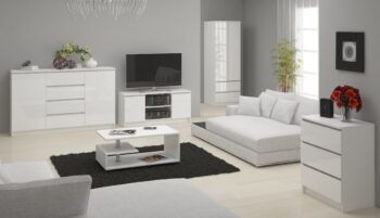 TV stolík ROMANA140: Biela elegancia s lesklým dokončením ROMANA140 predstavuje vrchol moderného dizajnu v kombinácii s funkčnosťou. Luxusný biely lesk dodáva tomuto TV stolíku výnimočný vzhľad, ktorý sa stane skvostným doplnkom každej obývacej izby.  Typ tovaru: TV stolík Materiál: LTD Rozmery: 55 x 140 x 40 cm Farba: biela + biely lesk  Vybavenie: dvierka plné (skrinka) Štýl: moderné, dizajnové  Dekor: lesk Počet políc: 2  ROMANA140 nielenže exceluje v dizajne, ale vďaka priestranným dvierkam a dvom políciam ponúka aj dostatok úložného priestoru pre vaše audiovizuálne zariadenie a doplnky.