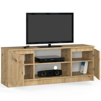 TV stolík ROMANA140: Moderný dizajn v odtieni duba Artisan TV stolík ROMANA140 predstavuje ideálne spojenie moderného dizajnu s elegantným odtieňom duba Artisan. Tento výrobok skvele zapadne do každej obývačky, ktorá si zakladá na zmysle pre detail a kvalitu materiálov.  Typ tovaru: TV stolík < strong>Materiál: LTD Rozmery: 55 x 140 x 40 cm Farba: dub Artisan< /li> Vybavenie: dvierka plné (skrinka) Štýl: moderné, dizajnové Počet políc: 2  Stolík ROMANA140 je navrhnutý tak, aby spĺňal nielen estetické očakávania, ale aj potreby praktickosti. Plné dvierka skrinky a dva integrované regály ponúkajú dostatok miesta pre všetky vaše zariadenia a televízne doplnky.