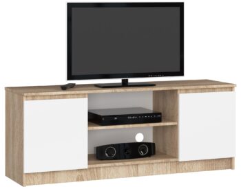 TV stolík ROMANA140: Moderná kombinácia duba Sonoma a bielej farby Výnimočný TV stolík ROMANA140 prináša svieži vzhľad do každej obývačky vďaka dokonalej kombinácii duba Sonoma a čistej bielej. Jeho moderný dizajn je zárukou, že sa stane stredobodom vašej miestnosti.  Typ tovaru: TV stolík Materiál: LTD Rozmery: 55 x 140 x 40 cm Farba: dub Sonoma + biela Vybavenie: dvierka plné (skrinka) Štýl: moderné, dizajnové Počet políc: 2  ROMANA140 nie je len o estetike. Okrem svojho nádherného designu ponúka aj praktické úložné priestory vďaka svojim dvierkam a dvom políciam. Ideálne riešenie pre všetky vaše multimediálne zariadenia.