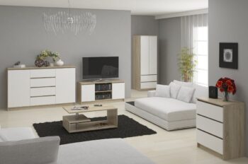 TV stolík ROMANA140: Moderná kombinácia duba Sonoma a bielej farby Výnimočný TV stolík ROMANA140 prináša svieži vzhľad do každej obývačky vďaka dokonalej kombinácii duba Sonoma a čistej bielej. Jeho moderný dizajn je zárukou, že sa stane stredobodom vašej miestnosti.  Typ tovaru: TV stolík Materiál: LTD Rozmery: 55 x 140 x 40 cm Farba: dub Sonoma + biela Vybavenie: dvierka plné (skrinka) Štýl: moderné, dizajnové Počet políc: 2  ROMANA140 nie je len o estetike. Okrem svojho nádherného designu ponúka aj praktické úložné priestory vďaka svojim dvierkam a dvom políciam. Ideálne riešenie pre všetky vaše multimediálne zariadenia.