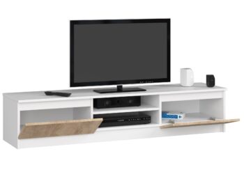 Moderný TV stolík ROMANA160 v kombinácii bielej a dubu Sonoma Uvedieme vám ROMANA160 – TV stolík, ktorý spája moderný dizajn s klasickým vzhľadom duba Sonoma. S jeho bielymi prvkami a dreveným dekorom Sonoma sa stane neprehliadnuteľným doplnkom vašej obývačky.  Typ tovaru: TV stolík Materiál:  LTD Rozmery: 33 x 160 x 40 cm Farba: biela + dub Sonoma Vybavenie: dvierka plné (skrinka) Štýl: moderné, dizajnové Počet políc:  2  TV stolík ROMANA160 prináša nielen vizuálne atraktívny dizajn, ale aj praktickosť s dvoma policami a plnými dvierkami na skladovanie. Pre tých, ktorí chcú spojiť moderný štýl s teplými tónmi prírodného dreva, je ROMANA160 ideálnou voľbou.