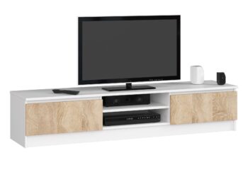 Moderný TV stolík ROMANA160 v kombinácii bielej a dubu Sonoma Uvedieme vám ROMANA160 – TV stolík, ktorý spája moderný dizajn s klasickým vzhľadom duba Sonoma. S jeho bielymi prvkami a dreveným dekorom Sonoma sa stane neprehliadnuteľným doplnkom vašej obývačky.  Typ tovaru: TV stolík Materiál:  LTD Rozmery: 33 x 160 x 40 cm Farba: biela + dub Sonoma Vybavenie: dvierka plné (skrinka) Štýl: moderné, dizajnové Počet políc:  2  TV stolík ROMANA160 prináša nielen vizuálne atraktívny dizajn, ale aj praktickosť s dvoma policami a plnými dvierkami na skladovanie. Pre tých, ktorí chcú spojiť moderný štýl s teplými tónmi prírodného dreva, je ROMANA160 ideálnou voľbou.
