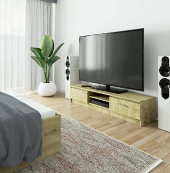 Moderný TV stolík ROMANA160 v elegantnej farbe dub Artisan TV stolík ROMANA160 kombinuje dokonalý moderný dizajn s praktickosťou a kvalitným prevedením. S jemným odtieňom dub Artisan sa stáva centrálnym prvkom každej obývačky.  Typ tovaru: TV stolík Materiál: LTD Rozmery: 33 x 160 x 40 cm Farba: dub Artisan < strong>Vybavenie: dvierka plné (skrinka) Štýl: moderné, dizajnové Počet políc: 2   Stolček ROMANA160 ponúka dva praktické police a dvierka, ktoré skrývajú ďalší úložný priestor pre všetky vaše multimediálne potreby. Jeho dizajnová koncepcia sa skvele hodí pre tých, ktorí si cenia kvalitu a vzhľad svojho nábytku.