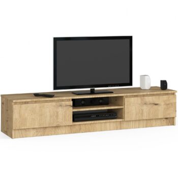 Moderný TV stolík ROMANA160 v elegantnej farbe dub Artisan TV stolík ROMANA160 kombinuje dokonalý moderný dizajn s praktickosťou a kvalitným prevedením. S jemným odtieňom dub Artisan sa stáva centrálnym prvkom každej obývačky.  Typ tovaru: TV stolík Materiál: LTD Rozmery: 33 x 160 x 40 cm Farba: dub Artisan < strong>Vybavenie: dvierka plné (skrinka) Štýl: moderné, dizajnové Počet políc: 2   Stolček ROMANA160 ponúka dva praktické police a dvierka, ktoré skrývajú ďalší úložný priestor pre všetky vaše multimediálne potreby. Jeho dizajnová koncepcia sa skvele hodí pre tých, ktorí si cenia kvalitu a vzhľad svojho nábytku.