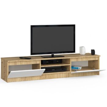 Dizajnový TV stolík ROMANA160 v kombinácii dub Artisan a bielej farby Predstavujeme ROMANA160, moderný TV stolík, ktorý kombinuje eleganciu duba Artisan s čistotou bielej farby. Tento nábytok je ideálnym riešením pre tých, ktorí hľadajú kombináciu funkčnosti a štýlového dizajnu pre svoju obývaciu izbu.  Typ tovaru: TV stolík < strong>Materiál: LTD Rozmery: 33 x 160 x 40 cm Farba: dub Artisan + biela Vybavenie: dvierka plné (skrinka) Štýl: moderné, dizajnové Počet políc: 2  Stolček ROMANA160 ponúka dva praktické police a dvierka, za ktorými nájdete dostatok úložného priestoru pre všetky vaše zariadenia a multimediálne potreby. Dokonalý dizajn a funkčnosť v jednom kuse nábytku.