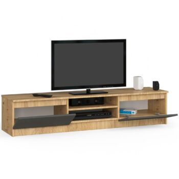 Dizajnový TV stolík ROMANA160 v kombinácii dub Artisan a grafitovej farby Predstavujeme ROMANA160, moderný TV stolík, ktorý kombinuje teplý tón duba Artisan s hĺbkou grafitovej farby. Perfektné riešenie pre všetkých, ktorí chcú pridať do svojej obývačky nádych modernej elegancie.  Typ tovaru: TV stolík Materiál:  LTD Rozmery: 33 x 160 x 40 cm Farba: dub Artisan + grafit Vybavenie: dvierka plné (skrinka) Štýl: moderné, dizajnové Počet políc:  2  Stolík ROMANA160 je vybavený dvoma funkciami policami a plnými dvierkami, za ktorými sa skrýva dostatok priestoru na uloženie vašich multimediálnych zariadení. Kombinácia štýlu a praktickosti v jednom kuse nábytku.