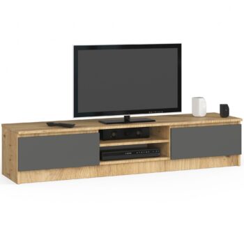 Dizajnový TV stolík ROMANA160 v kombinácii dub Artisan a grafitovej farby Predstavujeme ROMANA160, moderný TV stolík, ktorý kombinuje teplý tón duba Artisan s hĺbkou grafitovej farby. Perfektné riešenie pre všetkých, ktorí chcú pridať do svojej obývačky nádych modernej elegancie.  Typ tovaru: TV stolík Materiál:  LTD Rozmery: 33 x 160 x 40 cm Farba: dub Artisan + grafit Vybavenie: dvierka plné (skrinka) Štýl: moderné, dizajnové Počet políc:  2  Stolík ROMANA160 je vybavený dvoma funkciami policami a plnými dvierkami, za ktorými sa skrýva dostatok priestoru na uloženie vašich multimediálnych zariadení. Kombinácia štýlu a praktickosti v jednom kuse nábytku.