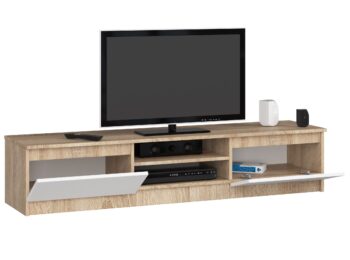 TV stolík ROMANA160: Elegancia duba Sonoma kombinovaná s čistotou bielej Predstavujeme vám ROMANA160 - dizajnový TV stolík, ktorý skvele spája prírodný tón duba Sonoma s nezameniteľnou čistotou bielej farby. Ideálna voľba pre moderné obývacie izby s nádychom elegancie a sviežosti.  Typ tovaru: TV stolík Materiál: LTD Rozmery: 33 x 160 x 40 cm Farba: dub Sonoma + biela  Vybavenie: dvierka plné (skrinka) Štýl: moderné, dizajnové Počet políc: 2  Stolček ROMANA160 neponúka iba elegantný dizajn, ale aj praktickosť vďaka dvom políciam a skrinke s plnými dvierkami. Skvelé riešenie pre všetkých, ktorí hľadajú kombináciu štýlu a funkcionalitu v jednom kuse nábytku.