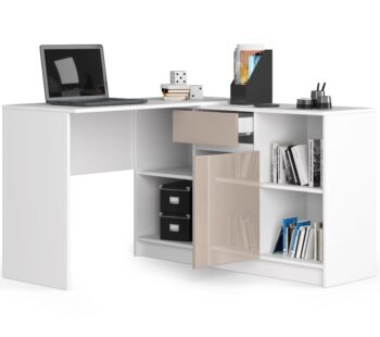 CASPER - Moderný Písací stôl pre Vašu kanceláriu či detskú izbu  S potešením Vám predstavujeme písací stôl CASPER. Elegantná kombinácia bielej a capuccino leskom dokonale doplní interiér akejkoľvek miestnosti a ponúkne vám funkčný aj estetický zážitok.   Typ tovaru: Písací stôl Materiál: Kvalitné LTD s lesklým dekorom  Rozmery: 79 x 120 x 126 cm Farba: Biela doplnená capuccino leskom Vybavenie: 1 priestranná zásuvka na úschovu vašich potrieb Štýl: Moderné a dizajnové prevedenie Tvar: Rohový, optimálne využije priestor Vašej miestnosti Počet políc: 6, pre perfektnú organizáciu kníh, dokumentov či detských hračiek   Či už hľadáte dokonalý písací stôl pre detskú izbu, domácu kanceláriu alebo pracovňu, CASPER splní všetky Vaše očakávania v oblasti dizajnu a funkčnosti.
