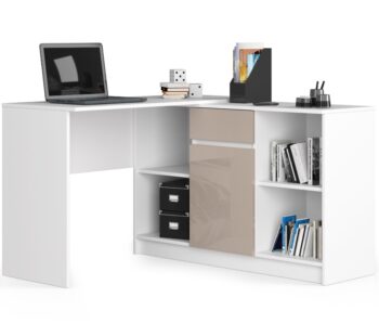 CASPER - Moderný Písací stôl pre Vašu kanceláriu či detskú izbu  S potešením Vám predstavujeme písací stôl CASPER. Elegantná kombinácia bielej a capuccino leskom dokonale doplní interiér akejkoľvek miestnosti a ponúkne vám funkčný aj estetický zážitok.   Typ tovaru: Písací stôl Materiál: Kvalitné LTD s lesklým dekorom  Rozmery: 79 x 120 x 126 cm Farba: Biela doplnená capuccino leskom Vybavenie: 1 priestranná zásuvka na úschovu vašich potrieb Štýl: Moderné a dizajnové prevedenie Tvar: Rohový, optimálne využije priestor Vašej miestnosti Počet políc: 6, pre perfektnú organizáciu kníh, dokumentov či detských hračiek   Či už hľadáte dokonalý písací stôl pre detskú izbu, domácu kanceláriu alebo pracovňu, CASPER splní všetky Vaše očakávania v oblasti dizajnu a funkčnosti.