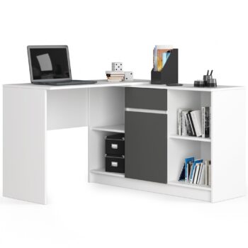 CASPER - Písací stôl, kde elegancia stretáva funkčnosť  S hrdosťou Vám predstavujeme CASPER - písací stôl, ktorý je nielen vizuálne pútavý, ale aj maximálne praktický. Jeho sofistikovaná biela farba harmonicky kontrastuje s tónom grafitu, čím dodáva priestoru výrazného charakteru. Ideálna voľba do detskej izby, kancelárie aj pracovne.   Typ tovaru: Písací stôl Materiál: Spoľahlivý a odolný LTD < strong>Rozmery: 79 x 120 x 126 cm Farba: Krásna kombinácia bielej a grafitu Vybavenie: 1 praktická zásuvka na skladovanie Štýl: Moderný dizajnový vzhľad Tvar: Rohový, na optimálne využitie priestoru Počet políc: 6, ponúkajúci dostatok úložného miesta   Ak túžite po stole, ktorý zaujme na prvý pohľad a zároveň splní všetky Vaše požiadavky na funkčnosť, CASPER je pre Vás tou správnou voľbou.