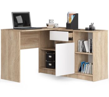 CASPER - Moderný písací stôl s dreveným šarmom  Predstavujeme Vám stôl CASPER - dokonalú syntézu moderného dizajnu a prírodnej elegancie duba Sonoma. Jeho kombinácia dreveného odtieňa s čistou bielou farbou okamžite oživí akýkoľvek interiér, či už je to detská izba, kancelária alebo pracovňa.   Typ tovaru: Písací stôl Materiál: Odolný a trvanlivý LTD < strong>Rozmery: 79 x 120 x 126 cm Farba: Teplý odtieň duba Sonoma doplnený sviežou bielou Vybavenie:< /strong> 1 priestranná zásuvka pre všetky Vaše potreby Štýl: Moderný s dizajnovým dotykom Tvar: Rohový, pre maximálny využitie miesta Počet políc: 6, ponúka ideálny úložný priestor   Písací stôl CASPER je nielen praktickým nábytkom , ale aj štýlovým prvkom, ktorý dodá charakter každej miestnosti.