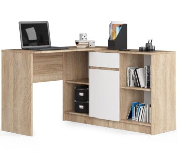 CASPER - Moderný písací stôl s dreveným šarmom  Predstavujeme Vám stôl CASPER - dokonalú syntézu moderného dizajnu a prírodnej elegancie duba Sonoma. Jeho kombinácia dreveného odtieňa s čistou bielou farbou okamžite oživí akýkoľvek interiér, či už je to detská izba, kancelária alebo pracovňa.   Typ tovaru: Písací stôl Materiál: Odolný a trvanlivý LTD < strong>Rozmery: 79 x 120 x 126 cm Farba: Teplý odtieň duba Sonoma doplnený sviežou bielou Vybavenie:< /strong> 1 priestranná zásuvka pre všetky Vaše potreby Štýl: Moderný s dizajnovým dotykom Tvar: Rohový, pre maximálny využitie miesta Počet políc: 6, ponúka ideálny úložný priestor   Písací stôl CASPER je nielen praktickým nábytkom , ale aj štýlovým prvkom, ktorý dodá charakter každej miestnosti.