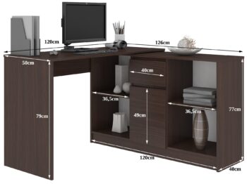 CASPER: Elegancia v tmavom wenge  Predstavujeme CASPER, písací stôl, ktorý kombinuje moderný dizajn s funkcionalitou. Elegantný wenge povrch dodá vašej pracovnej stanici alebo detskej izbe luxusný vzhľad, zatiaľ čo jeho rohová konštrukcia šetrí miesto a zaisťuje, že všetko, čo potrebujete, bude vždy po ruke.   Typ tovaru: Písací stôl Materiál: Kvalitný a odolný LTD < strong>Rozmery: 79 x 120 x 126 cm - ideálna veľkosť pre každý interiér Farba: Hlboká a výrazná wenge  Vybavenie: 1 praktická zásuvka na uskladnenie nevyhnutností Štýl: Moderná s dizajnovým nádychom Tvar: Rohový - pre maximálne využitie priestoru Počet políc: 6 políc pre efektívnu organizáciu vašich potrieb   Stôl CASPER je nielen štýlový, ale aj praktický. Ideálna voľba pre tých, ktorí hľadajú funkčný kúsok nábytku s výrazným designom.