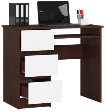 Písací stôl JIRÍ90L: Elegantné spojenie wenge a čisté biele  JIRÍ90L je synonymom pre kombináciu moderného dizajnu a praktických funkcií. S týmto písacím stolom dokážete eleganciu tmavého wenge do dokonalej harmónie s bezčasovou bielou, čo ho robí ideálnym kúskom nábytku pre detskú izbu, kancelária aj pracovňu.   Materiál: Kvalitné a odolné LTD, garantujúce dlhú životnosť a stabilitu stola. Farba:  Hlboké tóny wenge dokonale kontrastujú s čistou bielou, čo prináša sviežosť a štýl do vášho priestoru. Rozmery: S rozmermi 77 x 90 x 50 cm ponúka stôl dostatok miesta na prácu bez toho, aby zbytočne zaberal priestor v miestnosti. Vybavenie: 3 zásuvky na uloženie vašich potrieb a výsuvná doska pre klávesnicu zvyšujú užívateľský komfort. Polička: Jedna užitočná polička je k dispozícii pre ďalší úložný priestor či na vystavenie obľúbených predmetov.  Ľavé prevedenie.  Ak hľadáte nábytok, ktorý kombinuje funkčnosť a dizajn, je písací stôl JIRÍ90L v odtieňoch wenge a bielej správnou voľbou pre váš domov či kanceláriu.
