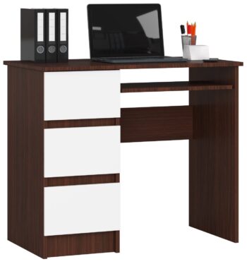 Písací stôl JIRÍ90L: Elegantné spojenie wenge a čisté biele  JIRÍ90L je synonymom pre kombináciu moderného dizajnu a praktických funkcií. S týmto písacím stolom dokážete eleganciu tmavého wenge do dokonalej harmónie s bezčasovou bielou, čo ho robí ideálnym kúskom nábytku pre detskú izbu, kancelária aj pracovňu.   Materiál: Kvalitné a odolné LTD, garantujúce dlhú životnosť a stabilitu stola. Farba:  Hlboké tóny wenge dokonale kontrastujú s čistou bielou, čo prináša sviežosť a štýl do vášho priestoru. Rozmery: S rozmermi 77 x 90 x 50 cm ponúka stôl dostatok miesta na prácu bez toho, aby zbytočne zaberal priestor v miestnosti. Vybavenie: 3 zásuvky na uloženie vašich potrieb a výsuvná doska pre klávesnicu zvyšujú užívateľský komfort. Polička: Jedna užitočná polička je k dispozícii pre ďalší úložný priestor či na vystavenie obľúbených predmetov.  Ľavé prevedenie.  Ak hľadáte nábytok, ktorý kombinuje funkčnosť a dizajn, je písací stôl JIRÍ90L v odtieňoch wenge a bielej správnou voľbou pre váš domov či kanceláriu.