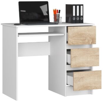 Písací stôl JIRÍ90P: Elegantné spojenie bielej a duba Sonoma  JIRÍ90P je písací stôl, ktorý dokonale kombinuje moderný dizajn s tradičným vzhľadom duba Sonoma. Jeho jedinečná kombinácia bielej a dubu Sonoma dodáva každej miestnosti teplý a napriek tomu moderný nádych. Je ideálny pre detskú izbu, kancelária aj pracovňu.   Materiál: Odporný a dlhoveký materiál LTD garantuje kvalitu a odolnosť. Farba: Elegantná biela doplnená teplým odtieňom dubu Sonoma prináša do interiéru pocit harmónie. Rozmery: Kompaktné rozmery 77 x 90 x 50 cm< /strong> umožňujú umiestnenie stola do rôznych priestorov. Vybavenie: Tri zásuvky a výsuvná doska pre klávesnicu poskytujú praktický úložný priestor. < li>Polička: Jedna praktická polička na uskladnenie potrebných vecí alebo dekorácií.  Pravé prevedenie.  Ak si prajete spojiť klasickú eleganciu s moderným dizajnom vo svojom pracovnom priestore, JIRÍ90P v kombinácii bielej a dubu Sonoma je tou správnou voľbou.