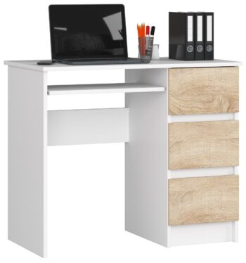 Písací stôl JIRÍ90P: Elegantné spojenie bielej a duba Sonoma  JIRÍ90P je písací stôl, ktorý dokonale kombinuje moderný dizajn s tradičným vzhľadom duba Sonoma. Jeho jedinečná kombinácia bielej a dubu Sonoma dodáva každej miestnosti teplý a napriek tomu moderný nádych. Je ideálny pre detskú izbu, kancelária aj pracovňu.   Materiál: Odporný a dlhoveký materiál LTD garantuje kvalitu a odolnosť. Farba: Elegantná biela doplnená teplým odtieňom dubu Sonoma prináša do interiéru pocit harmónie. Rozmery: Kompaktné rozmery 77 x 90 x 50 cm< /strong> umožňujú umiestnenie stola do rôznych priestorov. Vybavenie: Tri zásuvky a výsuvná doska pre klávesnicu poskytujú praktický úložný priestor. < li>Polička: Jedna praktická polička na uskladnenie potrebných vecí alebo dekorácií.  Pravé prevedenie.  Ak si prajete spojiť klasickú eleganciu s moderným dizajnom vo svojom pracovnom priestore, JIRÍ90P v kombinácii bielej a dubu Sonoma je tou správnou voľbou.