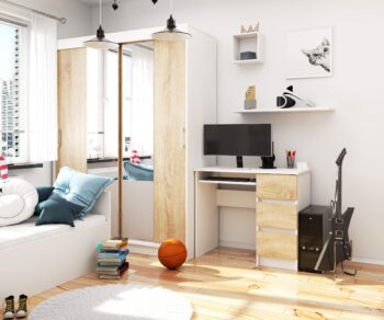 Písací stôl JIRÍ90P: Elegantné spojenie bielej a duba Sonoma  JIRÍ90P je písací stôl, ktorý dokonale kombinuje moderný dizajn s tradičným vzhľadom duba Sonoma. Jeho jedinečná kombinácia bielej a dubu Sonoma dodáva každej miestnosti teplý a napriek tomu moderný nádych. Je ideálny pre detskú izbu, kancelária aj pracovňu.   Materiál: Odporný a dlhoveký materiál LTD garantuje kvalitu a odolnosť. Farba: Elegantná biela doplnená teplým odtieňom dubu Sonoma prináša do interiéru pocit harmónie. Rozmery: Kompaktné rozmery 77 x 90 x 50 cm< /strong> umožňujú umiestnenie stola do rôznych priestorov. Vybavenie: Tri zásuvky a výsuvná doska pre klávesnicu poskytujú praktický úložný priestor. < li>Polička: Jedna praktická polička na uskladnenie potrebných vecí alebo dekorácií.  Pravé prevedenie.  Ak si prajete spojiť klasickú eleganciu s moderným dizajnom vo svojom pracovnom priestore, JIRÍ90P v kombinácii bielej a dubu Sonoma je tou správnou voľbou.