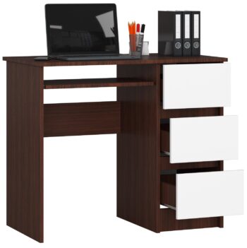 Písací stôl JIRÍ90P: Kombinácia elegancie a funkčnosti  JIRÍ90P - keď moderný dizajn stretne praktickosť. Tento písací stôl je skvelým zastúpením moderného a dizajnového štýlu v atraktívnej kombinácii farieb wenge a bielej. Perfektne zapadne do každej detskej izby, kancelárie alebo pracovne a stane sa nepostrádateľným pomocníkom pre všetky vaše činnosti.   Svojou unikátnou kombináciou farieb a funkciami je ideálnou voľbou pre tých, ktorí hľadajú kombináciu štýlu a užitočnosti.   Materiál: Odporný a dlhoveký materiál LTD, ktorý zaisťuje dlhú životnosť stola. Rozmery:  Ideálne rozmery 77 x 90 x 50 cm poskytujú dostatok priestoru pre prácu, ale zároveň sa hodia aj do kompaktných priestorov. Farba: Elegantný odtieň wenge kombinovaný s čistou bielou pre moderný vzhľad. Vybavenie: Tri priestranné zásuvky a praktická výsuvná doska pre klávesnicu , čo uľahčuje organizáciu a prácu. Polička: Užitočná polička na uskladnenie dokumentov alebo dekoračných predmetov.  Pravé prevedenie.  Nenechajte si ujsť príležitosť mať tento unikátny písací stôl JIRÍ90P a vneste do svojho interiéru kúsok elegancie s dotykom praktickosti.