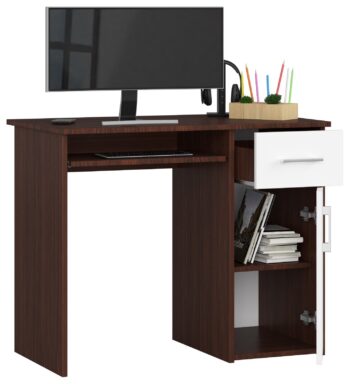 Písací stôl MELANIA90  Objavte kúzlo kombinácie tónov wenge a čisto biele s naším moderným písacím stolom  MELANIA90. Tento stôl nie je len o estetike, ale aj o funkcionalite.  Vyrobený z kvalitného materiálu LTD, tento stôl je navrhnutý tak, aby vydržal a poskytoval pohodlie počas práce.  Rozmery: 74 x 90 x 50 cm Vybavenie: Prehľadná zásuvka pre vaše potreby a výsuvná doska pre klávesnicu, čo zaisťuje optimalizáciu vášho pracovného priestoru.  Počet políc: 3, ideálny na uskladnenie vašich dokumentov alebo osobných vecí.   S jeho moderným a dizajnovým štýlom je stôl MELANIA90 dokonalým doplnkom pre detskú izbu, kanceláriu či pracovňu, poskytujúcu eleganciu i funkčnosť v jednom.