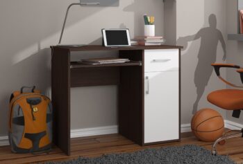 Písací stôl MELANIA90  Objavte kúzlo kombinácie tónov wenge a čisto biele s naším moderným písacím stolom  MELANIA90. Tento stôl nie je len o estetike, ale aj o funkcionalite.  Vyrobený z kvalitného materiálu LTD, tento stôl je navrhnutý tak, aby vydržal a poskytoval pohodlie počas práce.  Rozmery: 74 x 90 x 50 cm Vybavenie: Prehľadná zásuvka pre vaše potreby a výsuvná doska pre klávesnicu, čo zaisťuje optimalizáciu vášho pracovného priestoru.  Počet políc: 3, ideálny na uskladnenie vašich dokumentov alebo osobných vecí.   S jeho moderným a dizajnovým štýlom je stôl MELANIA90 dokonalým doplnkom pre detskú izbu, kanceláriu či pracovňu, poskytujúcu eleganciu i funkčnosť v jednom.