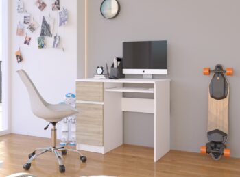 PIXEL90L: Moderný a funkčný písací stôl pre každý interiér Zoznámte sa s PIXEL90L, písacím stolom, ktorý kombinuje elegantný moderný dizajn s praktickosťou. Jeho kombinácia bielej a dubu Sonoma prináša v interiéri svieži a napriek tomu teplý dotyk.  Materiál: LTD - pre dlhú životnosť a jednoduchú údržbu.  Rozmery: 77 x 90 x 50 cm - optimálne rozmery pre efektívne využitie priestoru. Farba: Elegantná kombinácia bielej a dubu Sonoma - pre moderné a zároveň príjemné pracovné prostredie. Vybavenie: 1 zásuvka na uloženie potrebných vecí a výsuvná doska pre klávesnicu pre pohodlnejšiu prácu. Štýl: Moderný a dizajnový - stôl, ktorý sa stane centrálnym prvkom vášho miestnosti. Počet políc: 3 - pre ďalšiu organizáciu a úložný priestor.  < p>Či už hľadáte perfektný písací stôl pre detskú izbu, kanceláriu alebo pracovňu, PIXEL90L je ideálnou voľbou, ktorá spája estetiku a funkčnosť.