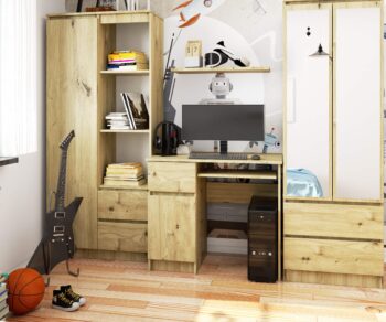 PIXEL90L: Elegancia Dubu Artisan vo Vašom Domove  Odhaľte kúzlo dokonalého dizajnu s PIXEL90L - moderným písacím stolom, ktorý kombinuje štýl a funkčnosť pre váš ideálny pracovný priestor.   Materiál: Kvalitný a odolný LTD - garantovaná dlhovekosť. Farba: Teplý odtieň duba Artisan - prirodzený a elegantný vzhľad pre vaše priestory. Rozmery: 77 x 90 x 50 cm - dokonale zapadne do rôznych veľkostí miestností. Vybavenie: 1 zásuvka a výsuvná doska pre klávesnicu - všetko, čo potrebujete pre produktívnu prácu. Počet políc: 3 - skvelé na usporiadanie vašich dokumentov a predmetov. < li>Štýl: Moderný a dizajnový výraz s nádychom prírodnej elegancie.  Ľavé prevedenie.  Či už zariaďujete detskú izbu, kanceláriu alebo pracovňu, PIXEL90L je ideálnou voľbou. Prineste do svojho priestoru kúsok prírody a moderného designu v jednom.
