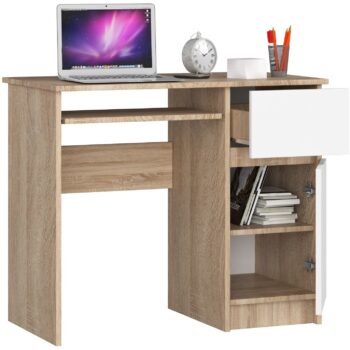 PIXEL90P - Elegantný Písací Stôl v Odtieňoch Duba Sonoma a Čistej Bielej  Oceníte kombináciu prírodného vzhľadu a modernej elegancie? Písací stôl PIXEL90P dokonale kombinuje teplý odtieň duba Sonoma s čistou bielou, čo ho robí ideálnym doplnkom do detskej izby, kancelárie alebo pracovne.   Materiál: Kvalitné a odolné LTD, zaručujúce dlhovekosť produktu. Farba: Harmónia duba Sonoma a čisté biele prináša teplý a zároveň svieži vzhľad. Rozmery: 77 x 90 x 50 cm - ideálna veľkosť pre rôznorodé priestory. Vybavenie: Praktická výsuvná doska pre klávesnicu a zásuvka na uskladnenie vašich potrieb. Polic: 3 priestorom bohaté police, ideálne pre knihy, dokumenty alebo osobné veci.  Pravé prevedenie.  S písacím stolom PIXEL90P získate nielen funkčné a priestranné pracovné miesto, ale aj štýlový kúsok nábytku, ktorý obohatí dizajn vašej miestnosti. Elegancia, praktickosť a dizajn v jednom - to je PIXEL90P.